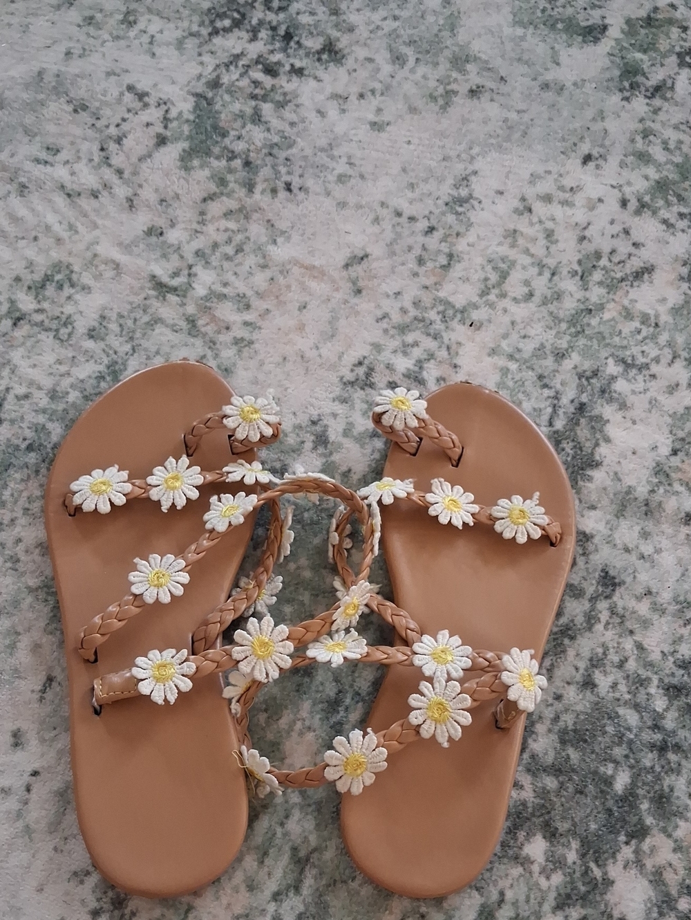 Kids Size 4 Tan Floral Braided Sandals with White Daisy Accents